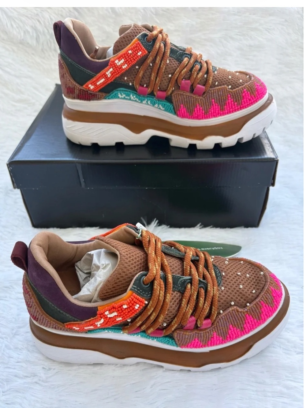 FARM Rio Beaded Platform Sneaker in Brown, Pink & Teal